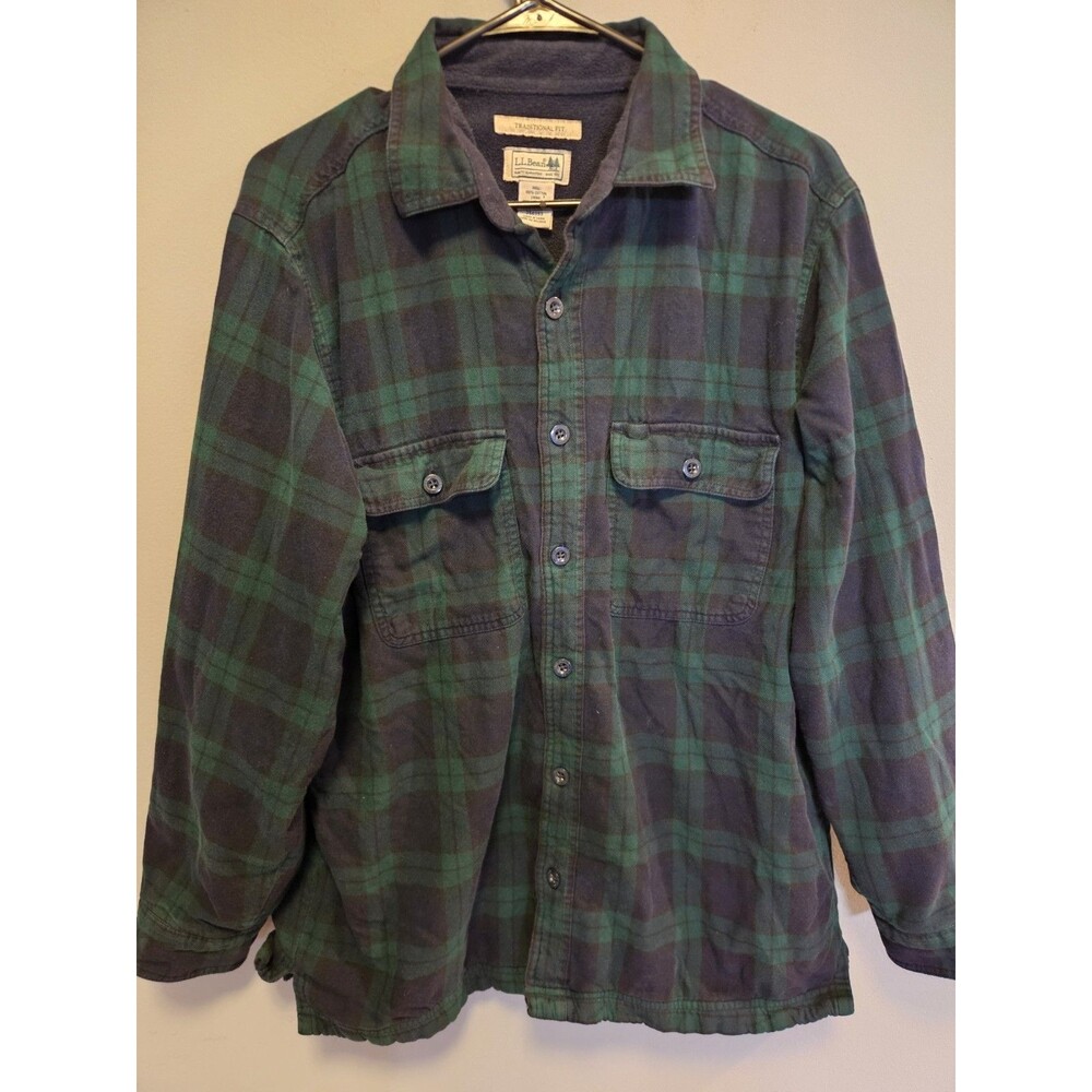 L.L.Bean Fleece Lined Flannel Shirt Traditional Fit M Green Navy Plaid Shirt Jac